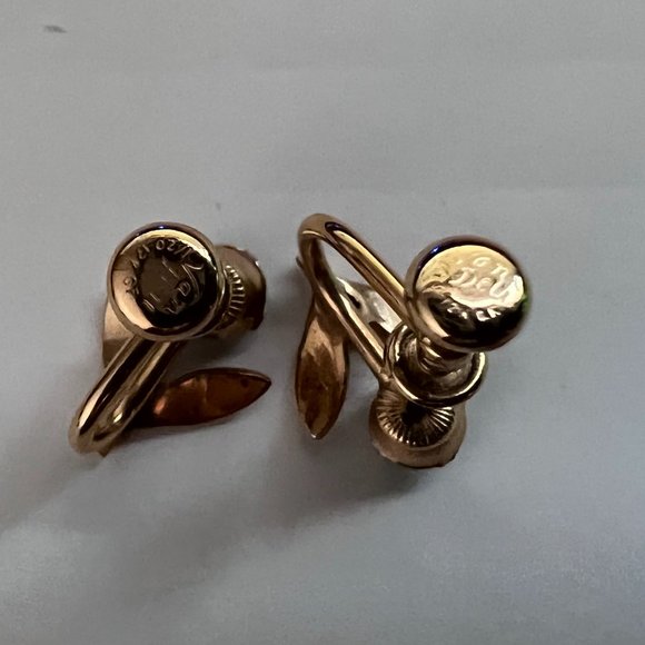 Vintage Van Dell 1/20 12K Gold Filled Blue Glass Floral Leaf Screw Back Earrings - Picture 4 of 5